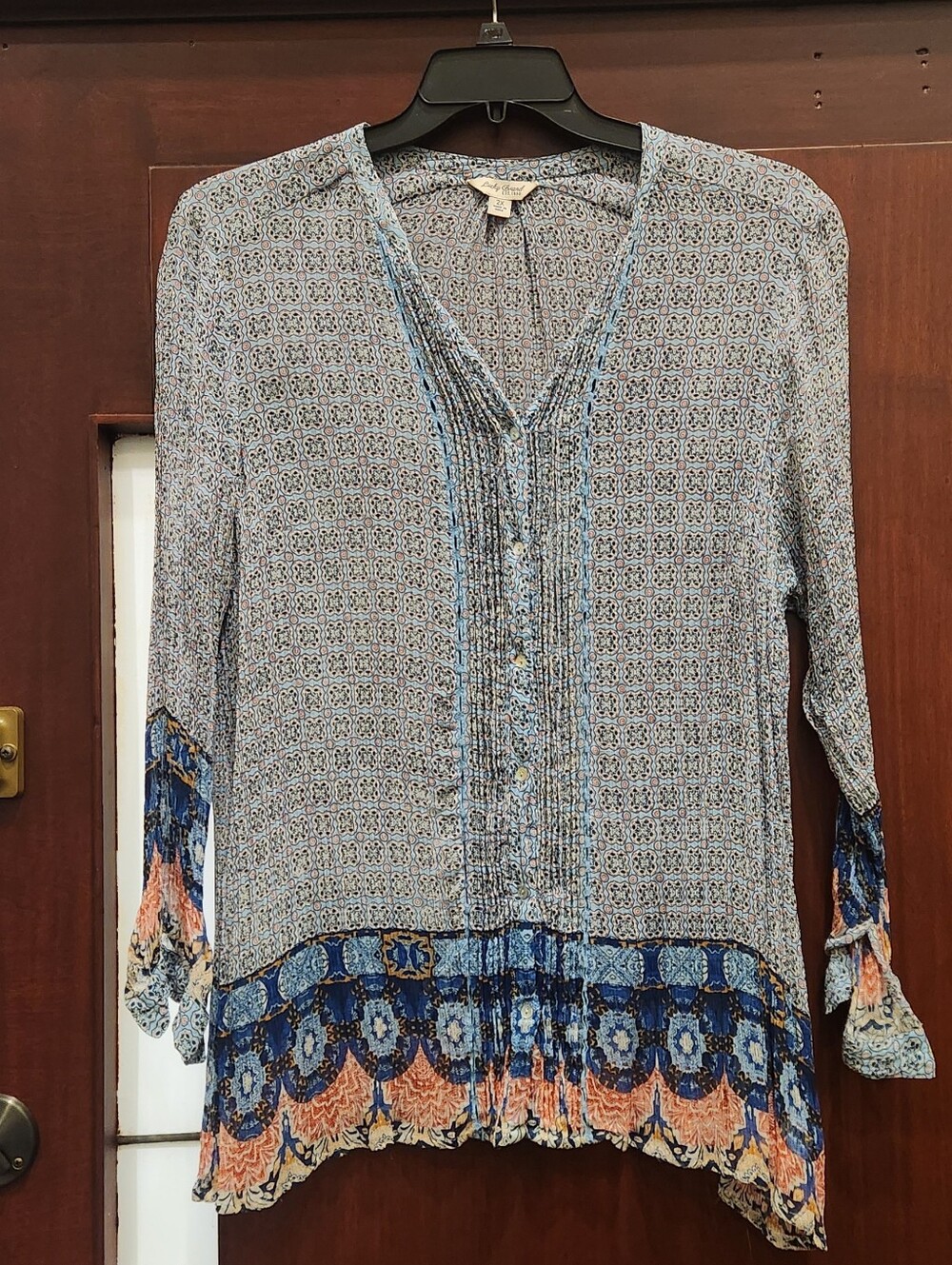 Lucky Brand Bohemian Paisley Viscose Chiffon Crinkle Blouse Embroidered Lace